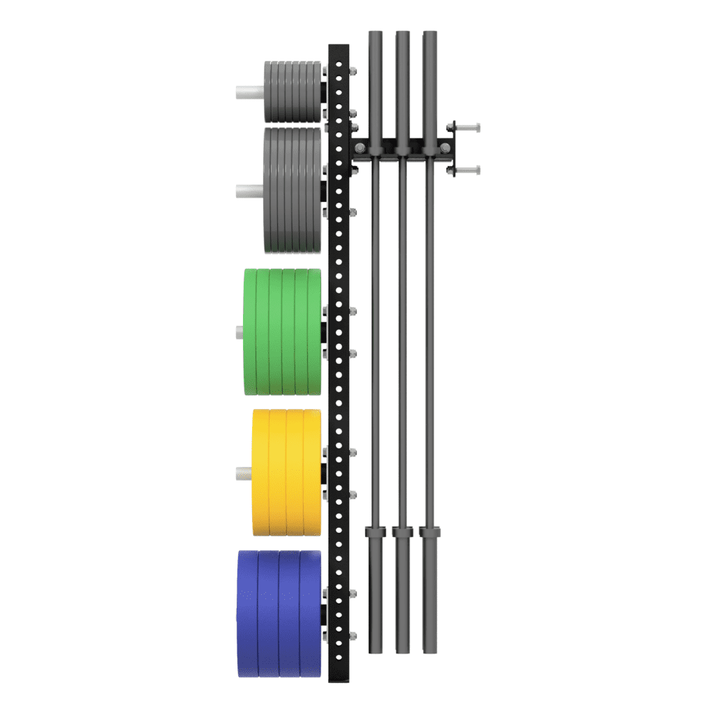 FITEK custom wall mounted plates and barbell storage rack fully loaded with bumper plates