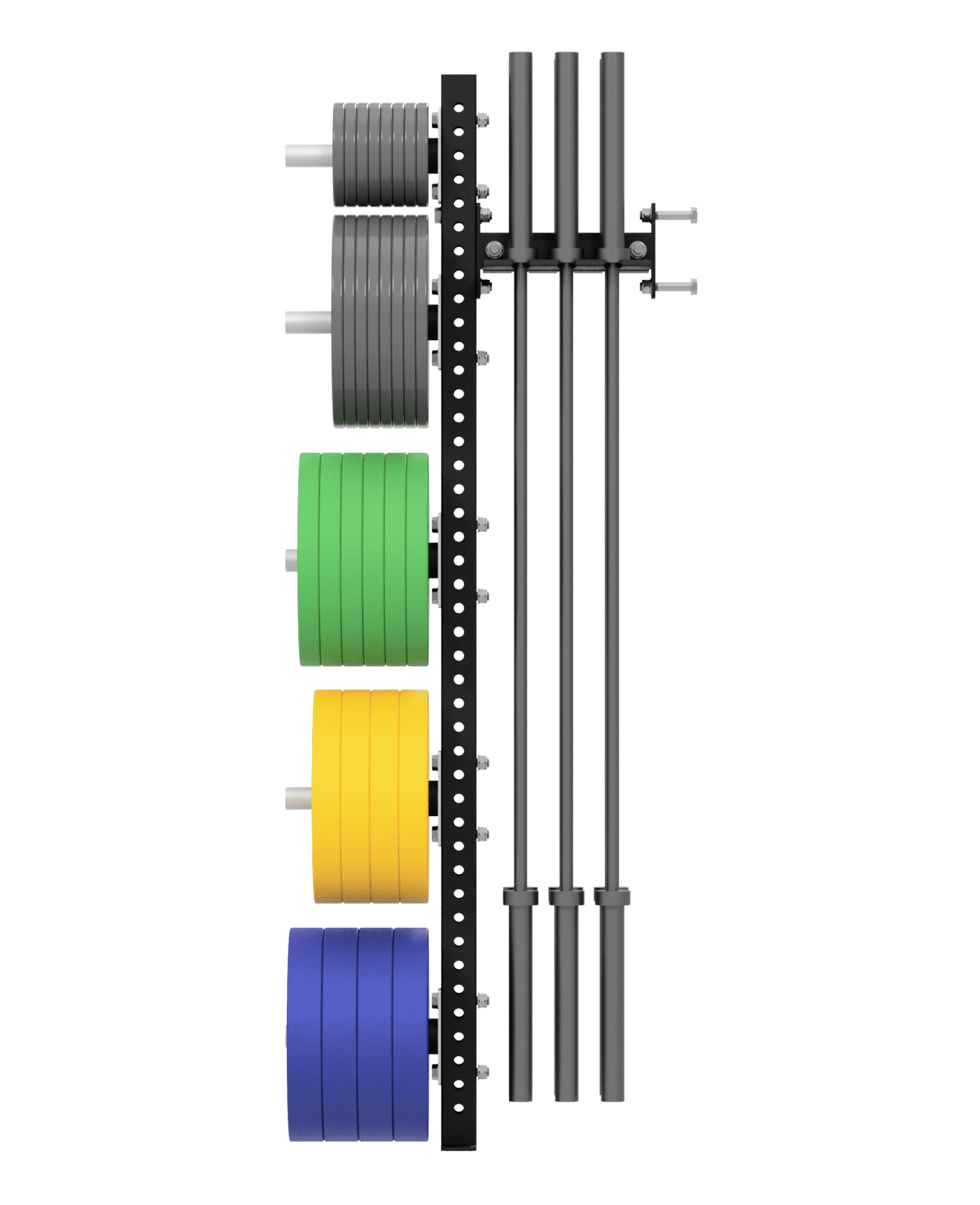 FITEK custom wall mounted plates and barbell storage rack fully loaded with bumper plates