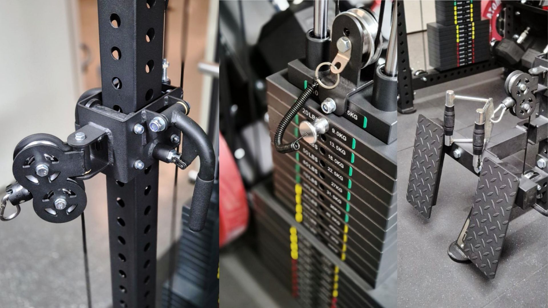 FITEK premium aluminum pulleys, weight stack pins, and low row footplate engineering details
