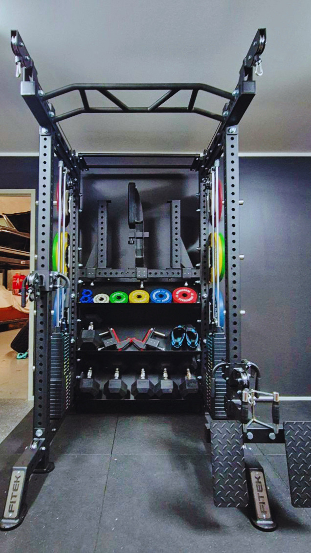 Front straight view of FITEK Compact functional rack in home garage setup