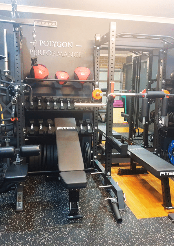 FITEK modular mass storage shelving with dumbbells, med balls, and adjustable bench in a home PT studio