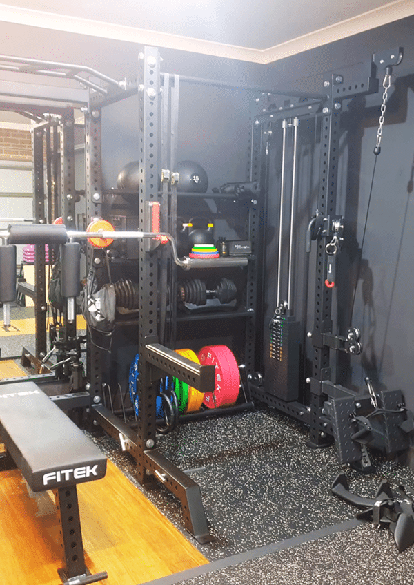 FITEK power rack with integrated weight stack lat pulldown and low row cable system