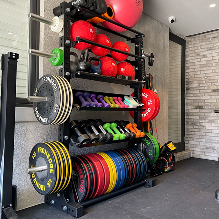 Organized home gym with tall FITEK storage rack