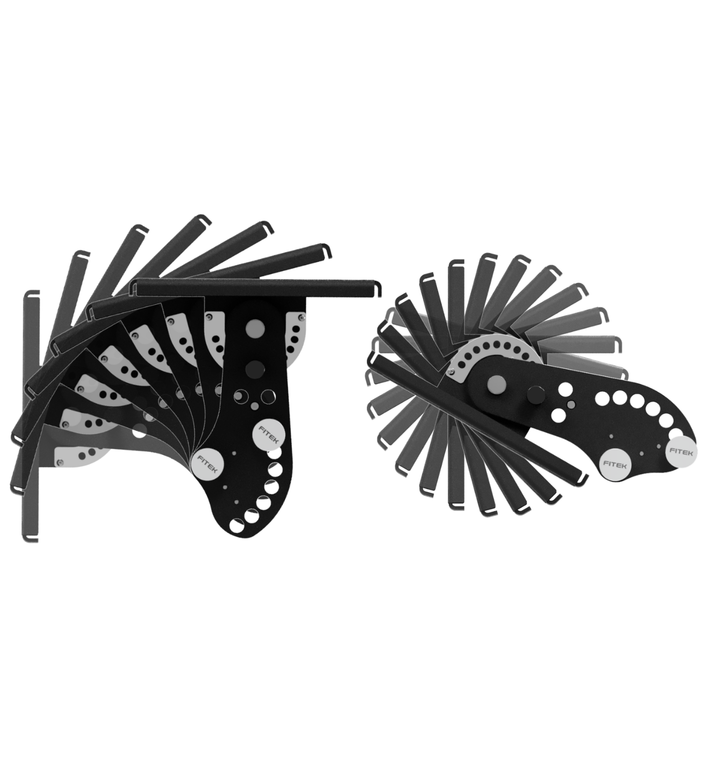 FITEK Utility Footplate demonstrating dual adjustability, featuring a 7-position adjustable bracket on the left and a 12-position rotating pedal on the right.